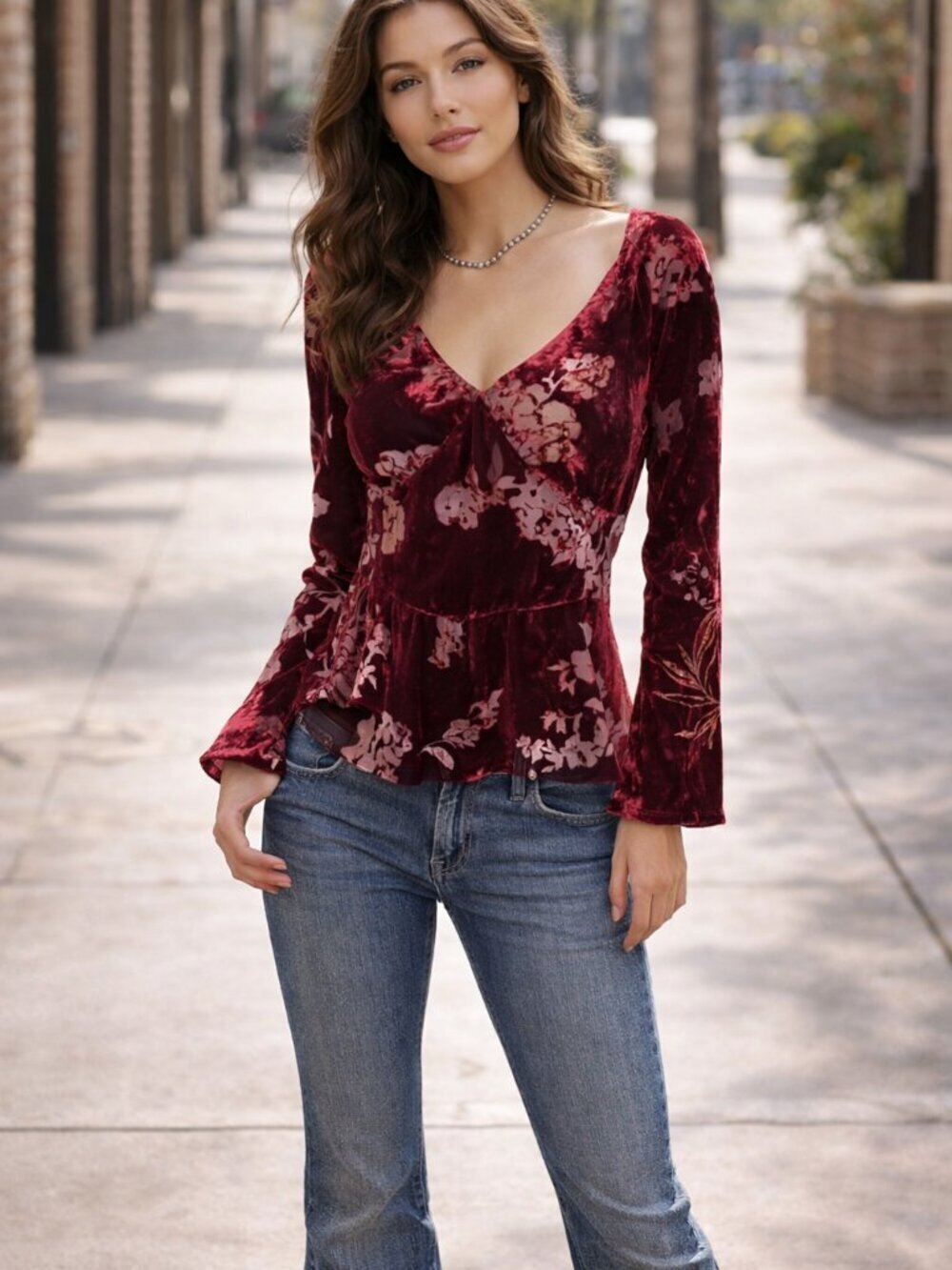 Vintage Y2k Fairy Whimsigoth Velvet Burnout Peplum Top Ice Burgundy XL - Picture 9 of 9